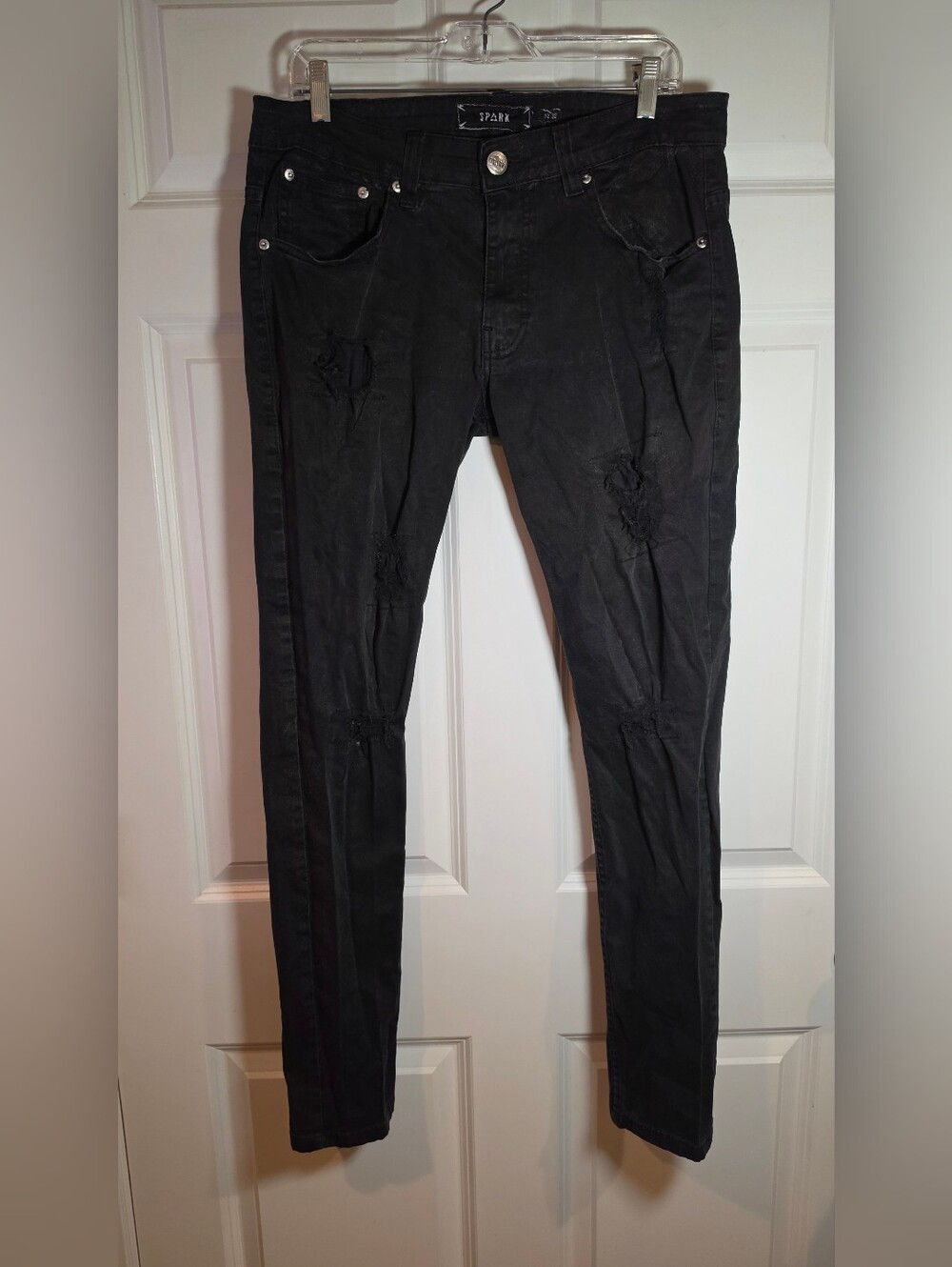 Spark Mens Y2k Black Distressed Skinny Jeans 32 X 32
